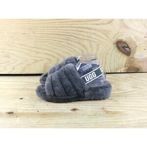 Ugg Slipers 8 Womens Gray Fluff Yeah Faux Fur Sandals Slides Slip On